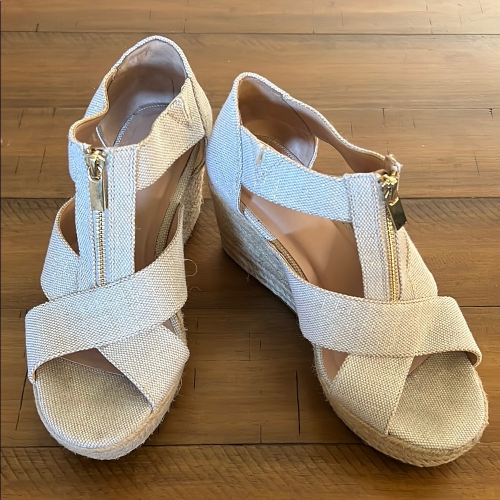 Beige Espadrille Wedge Sandals with Front Zip